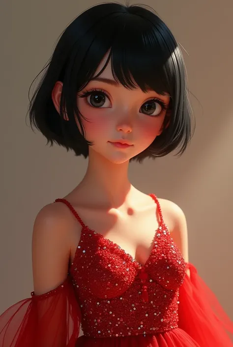 Sarada short hair black eye wears sparkly red dress