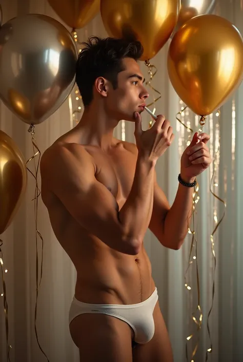 a sexy 30-year-old man, IN SEXY THONG, shirtless,  Abdominals ,  slim body,  slim body, hugging gold and silver balloons,  blowing up gold and silver balloons, elegant, youthful, [youthful, beautiful,  photograph ,  realistic ,  soft interior lighting 