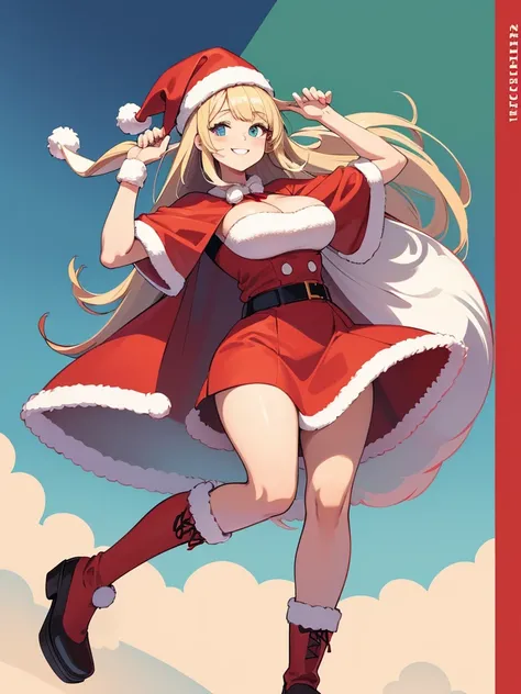 Illustration of a tall adult woman in a very cute Santa outfit smiling