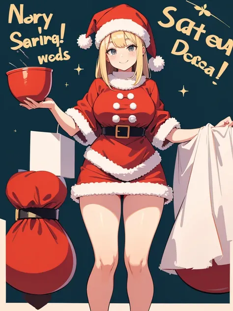 Illustration of a tall adult woman in a very cute Santa outfit smiling