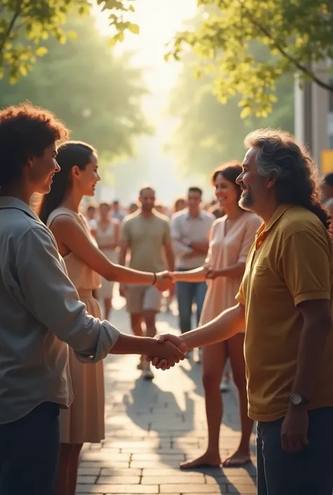 A peaceful scene of people shaking hands or hugging instead of fighting