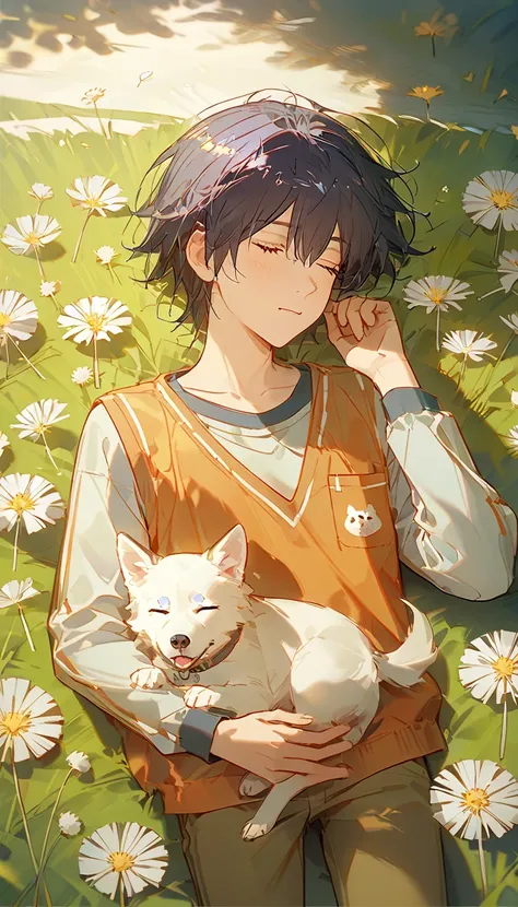 ((masterpiece), (best quality), (8k), (4k), (Solo), ((boy), (sleeping), (dark blue hair with red stripes)), ((Light blue shirt with long sleeve), (short pale brown pants with pocket)), lay down on the field, ((white puppy sleeping next to the boy), (siberi...