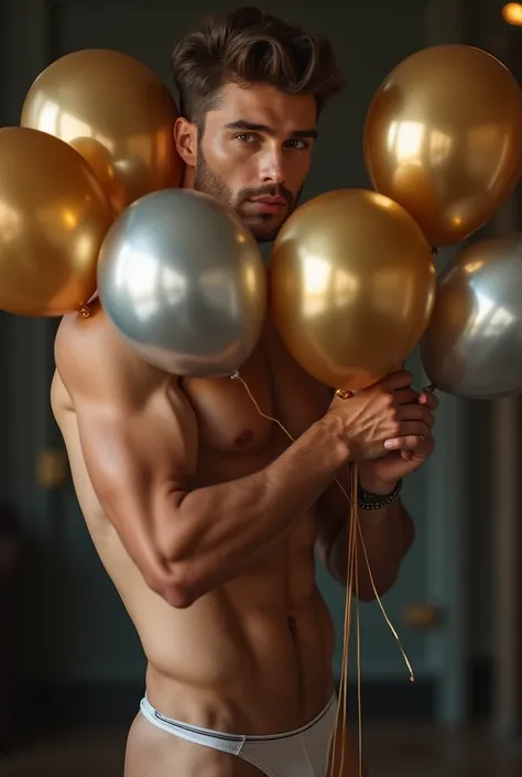 Erotic scene of a sexy 30-year-old man, IN SEXY THONG, shirtless,  Abdominals ,  slim body,  slim body, hugging gold and silver balloons,  blowing up gold and silver balloons, elegant, youthful, [youthful, beautiful,  photograph ,  realistic ,  soft interi...