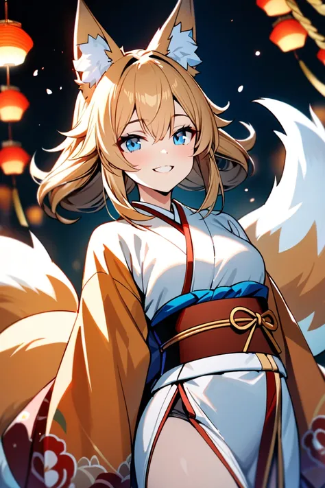 greate quality,high quality,masterpiece,1 girl,grange hair,blue eyes,fox ears,nine fox tale,cowboy shot,smile,kimono