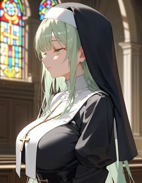 Score_9,Score_8_up,Score_7_up,highest quality, source_anime, highest quality, BREAK 1 girl, cute, 28 years old, (long hair:1.2), (light green hair, bangs, large breasts, light green eyes), long legs, nun, (pray to god, close eyes), BREAK (ancient church), ...