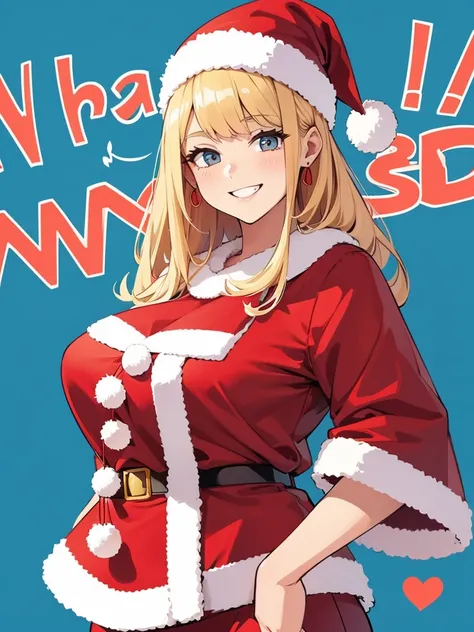 Illustration of a tall adult woman in a very cute Santa outfit smiling