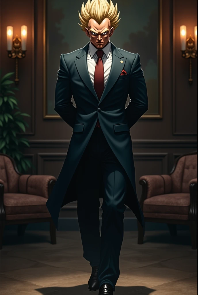 "A realistic, full-body image of Vegeta in a dark, tailored mafia suit, with a cold, calculating expression. His hair is perfectly styled, and he walks confidently towards the camera, his hands behind his back, his aura emanating power as he steps forward....