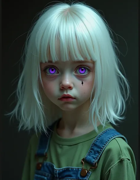 An eleven-year-old, white-haired ,  bright purple eyes and wearing a moss green blouse combined with a denim jumpsuit with a strap on just one shoulder looking at the camera with a frightened face.