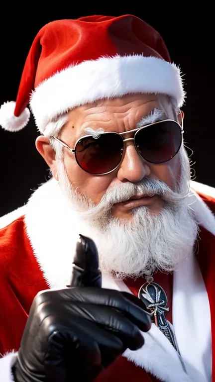 A bad gangster style Santa, super villain, devil, big muscles, has devil tattoos, wears sunglasses, speeds around on a super bad Harley, fucks his fingers, has a steel pipe in one hand, highest resolution