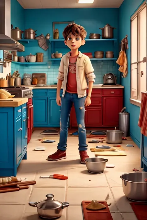 "A kitchen in complete chaos. A teenage boy  is in the middle of the mess, with flour spilled all over the counter and a pan with something overcooked. They look confused and overwhelmed. Pots, pans, and utensils are scattered everywhere. The scene has a h...