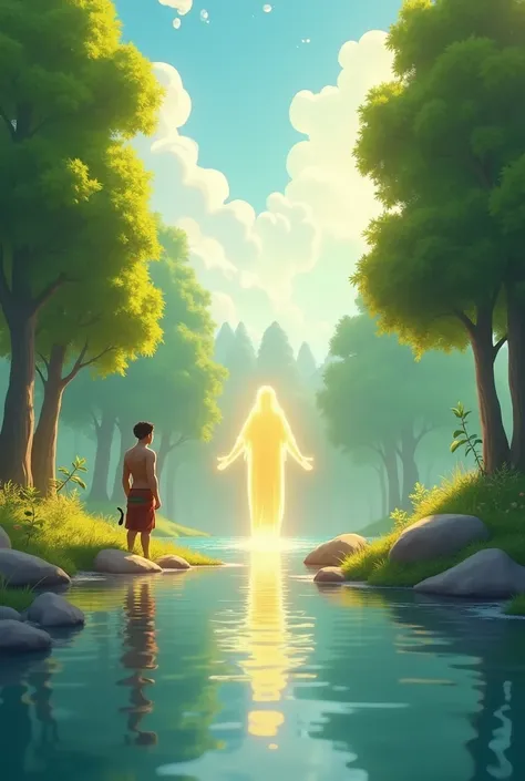 In cinematic 3D cartoon style "A calm and serene riverside during a bright morning. The river flows gently, surrounded by tall, lush green trees. The sky is clear with soft sunlight illuminating the area.A poor woodcutter, dressed in simple, worn-out cloth...