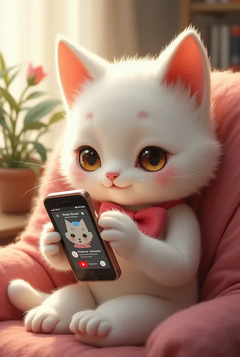 A white cute cat women using a iphone mobile and on mobile sacreen watching YouTube and subscribed "Vevo cats" YouTube channel with bell icon option.