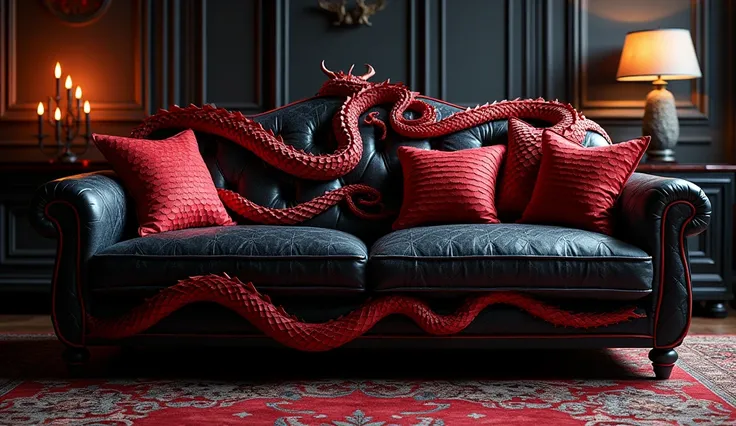 Sofa Set: A black leather sofa with red dragon-scale embroidery and small glowing red pillows.