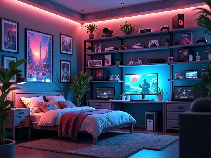 I want to create a 3D-like background. A typical gamer room, bed, various game drawers, etc., its a mans room.