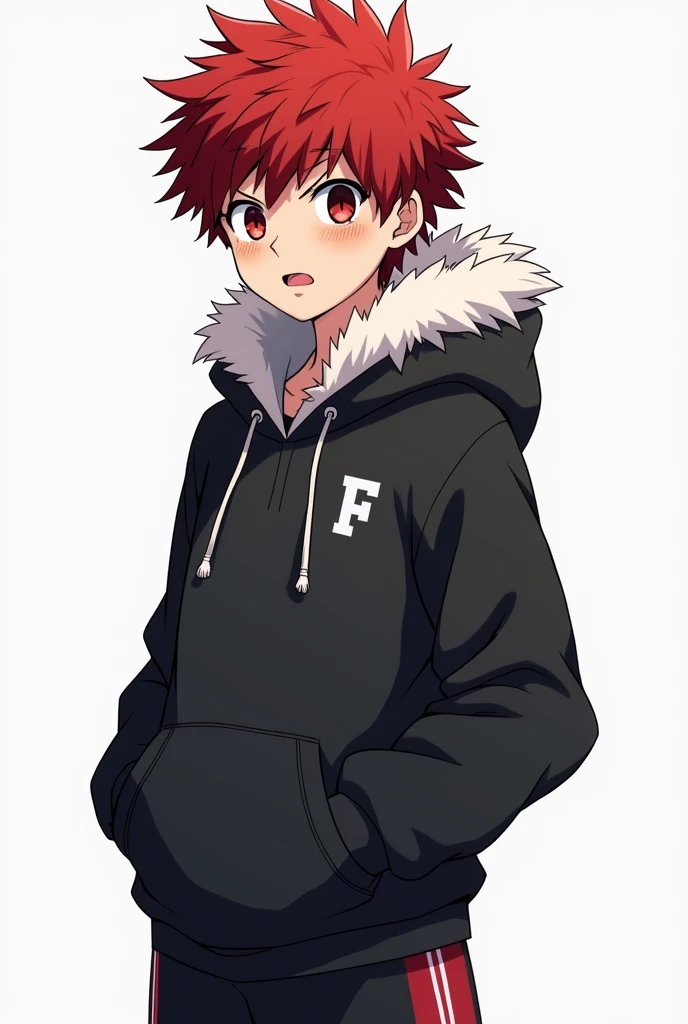 Boku no Hero Academia drawing style A young boy between 12 and  with scarlet hair and eyes with a noticeable scar that passes over his left eye has a strong but  of 1,52 wear a black hooded jacket with white fur and shorts up to the knee, the background of...