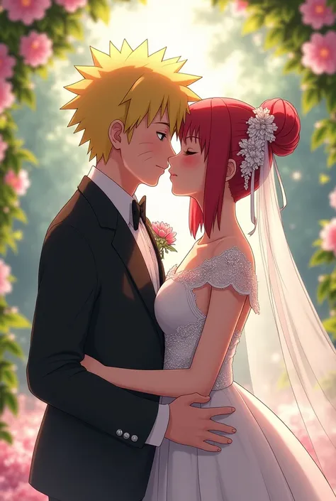 Uzumaki Boruto and Uchiha Sarada get married wearing bridal outfits and kissing