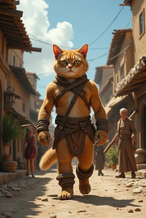 The humanoid cat, now muscular and imposing, walks through the marketplace confidently. However, instead of admiration, people start feeling threatened by its appearance. A group of angry townsfolk, armed with sticks and stones, confronts the cat, shouting...