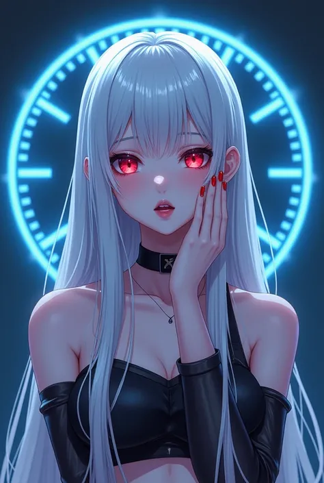 a photorealistic girl who can use time magic with silky smooth and long white hair , and vampiric blood red eyes, there is a neon lighting from top left,she is wearing a crop top, qnd a black neckband, there is a seductive mesmerizing look on her face, her...