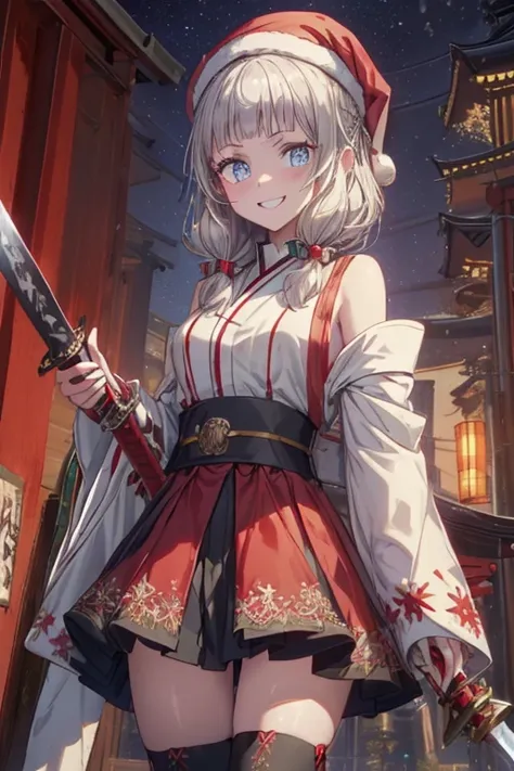 (from below:1.2),((1girl, silver hair, long hair, qutel blue eyes, beautiful eyes, pretty smile:1.5, ), (santa clothes, santa hat, black tights, santa boots), (((holding ominous japanese sword:1.3 ))), ((battlescene,slashilg,killing the mafia,blood splash)...