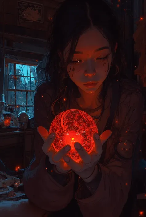  someone is holding a red amoeba in their hands in a dark room、 Messy Room、chair、window、Reusch、Stylized Paintings 、Speed Painting、Digital painting inspired by the painting of a woman on a black background in a 、 Lovecraft atmosphere 、Low quality image 、 ci...