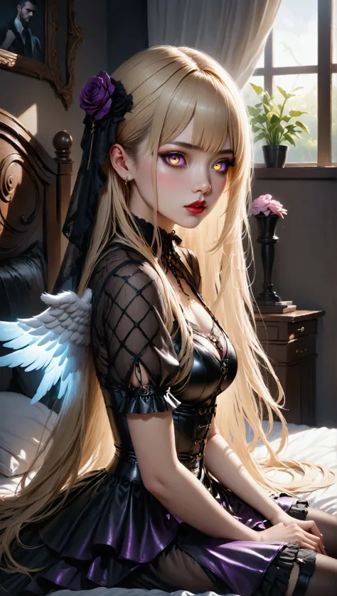 (masterpiece, aesthetic, detailed eyes, realistic), 1girl, mahiru shiina, angel next door spoils me rotten, Long smooth straight golden hair, purple to golden gradient eyes, sitting on bed in gothic outfit, super detail, best quality, 8k