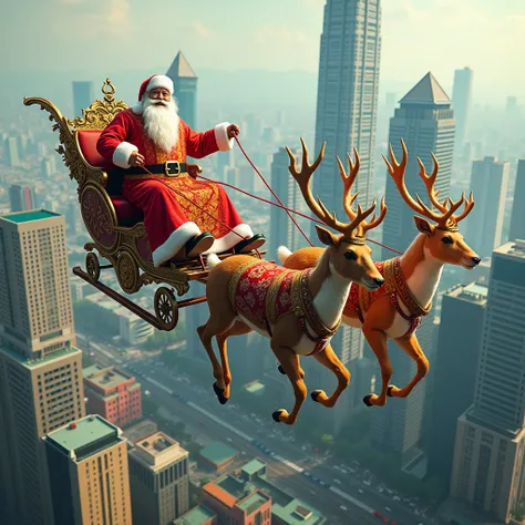 Indonesian Santa flies over Jakarta building with his 6 deer-drawn carriage