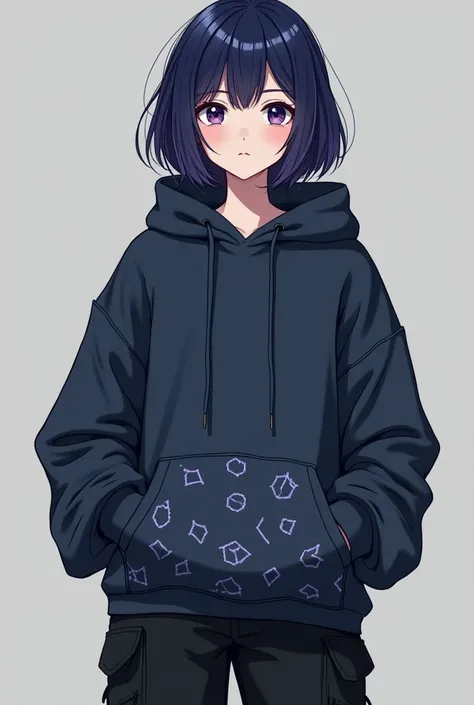 A s old girl appearance. Midnight blue hair with subtle Subtle Indigo Highlights. With midnight purple hair with Almond eyes shape, `haircut`Bob cut, A classic,chin-length cut that slightly messy for messy for a casual vibe.A oversized hoodie in dark tone ...