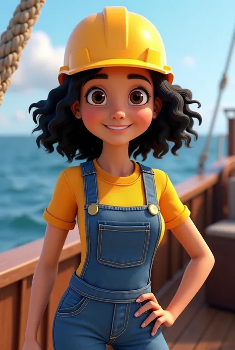 Bob the Builder as a woman with black hair curled up to the shoulders
On a boat