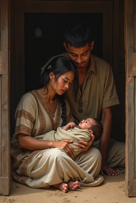 Young toraja woman lying in sheepfold hold baby son with his husband standing beside her