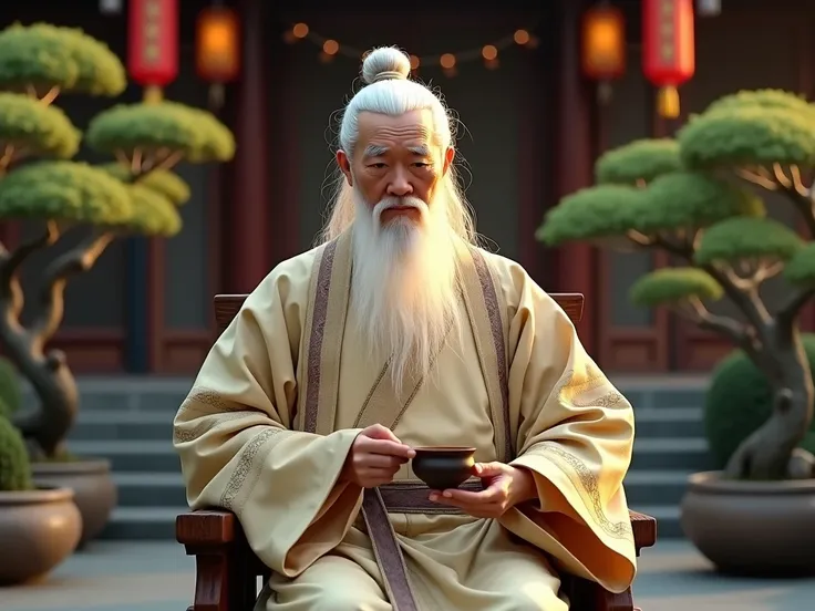 An elderly Chinese sage from ancient times, wearing a long flowing Hanfu robe with simple yet elegant patterns. His hair is white and tied in a high bun, and he has a long white beard. The sage is seated on a wooden chair in a traditional Chinese courtyard...