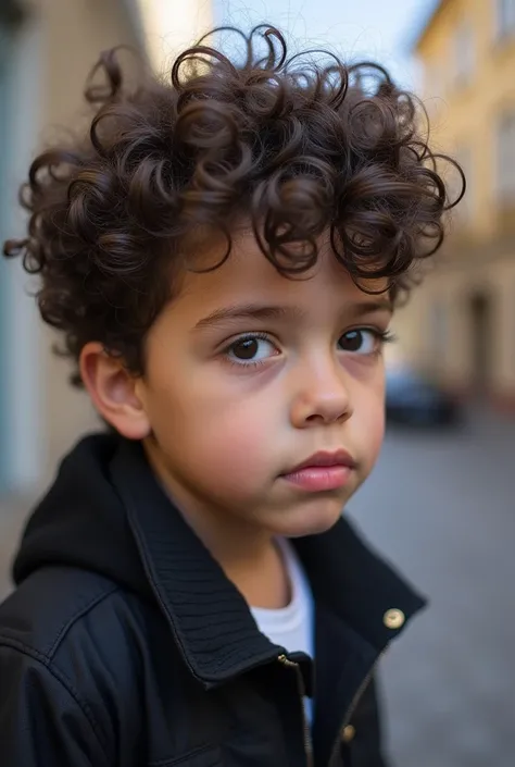 a boy with voluminous curly hair, combed forward with defined curls falling over his forehead. His face has an angular structure with a marked jaw. His expression is serious, looking to the side. She has pink, well-defined lips. He wears a black jacket wit...