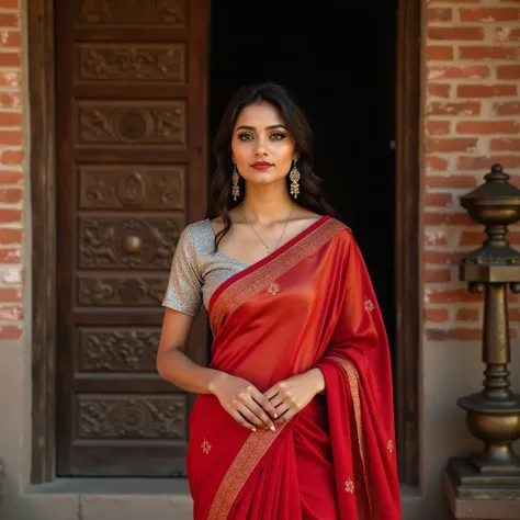 Create a serene and elegant scene featuring a young woman in a vibrant red sari with a silver blouse stands gracefully against a textured brick wall and ornate wooden door. Her pose is relaxed, with warm sunlight casting soft shadows, complemented by an an...