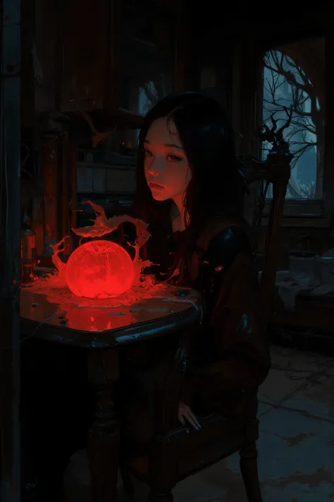  someone is holding a red amoeba in their hands in a dark room、 Messy Room、chair、window、Reusch、Stylized Paintings 、Speed Painting、Digital painting inspired by the painting of a woman on a black background in a 、 Lovecraft atmosphere 、Low quality image 、 ci...