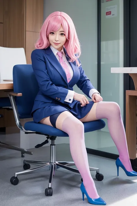 Director Iwa, Female Big Breasts, Pink Wig, Sparkling Blue Suit, Sparkling Blue Skirt, Socks, Tights, High Heels, Business, Work, Cute Girl Sitting in a Chair