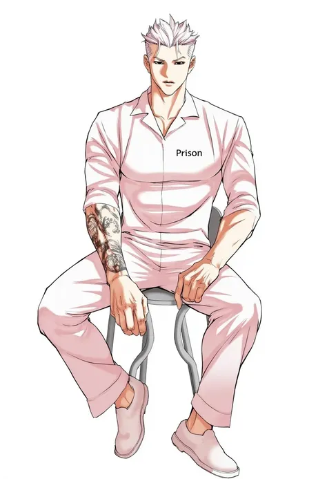 A character from the "Lookism Manhwa" a muscular man with short, spiky white hair and a stern expression, wearing a white jumpsuit with "Prison" written on the chest. He is sitting on a metal chair with his legs crossed, one hand resting on his knee, and t...