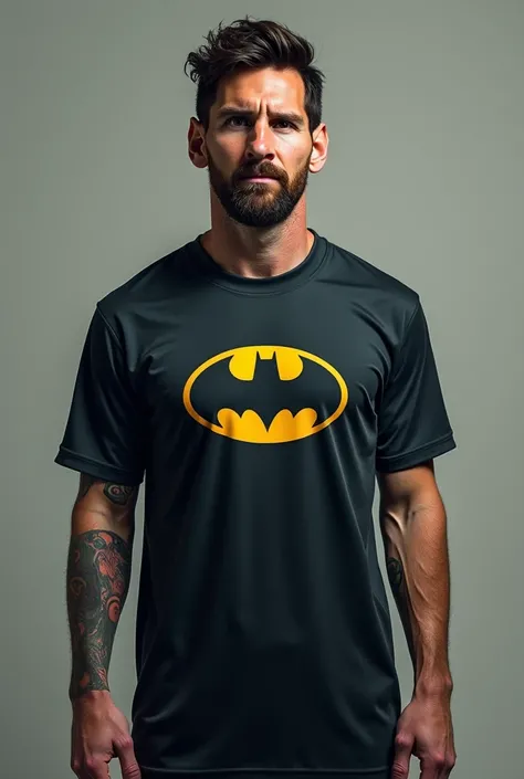 Messi with Batman Tshirt and small batman logo on chest