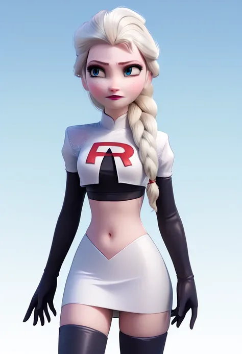 score_9, score_8_up, score_7_up, score_6_up, Perfect Hands,elsa (Frozen),solo,prefect face,white Platinum hair,freckles, Braid on right shoulder,civitai elsa, blue eyes,team rocket,team rocket uniform,white skirt,red letter R,crop top,black thigh-highs,bla...