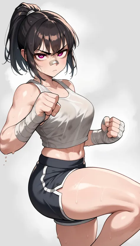 score_9, score_8_up, score_7_up, score_6_up, score_5_up, score_4_up, 1girl, black hair, ponytail, bangs, detailed eyes, detailed face, bandage on nose, serious, sharp eyes, brown eyes, white tank top, dirty tank top, sweaty clothes, breasts, boxer shorts, ...