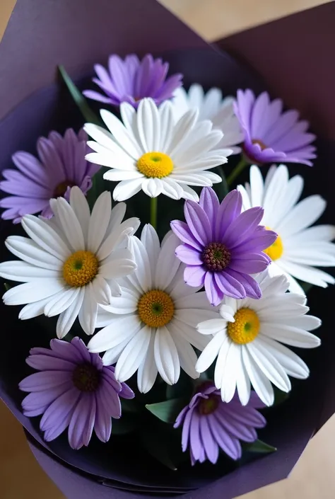 7 daisies made from white crepe paper and 3 lavender flowers made from purple crepe paper wraoed in a shiny dark bouquet paper 