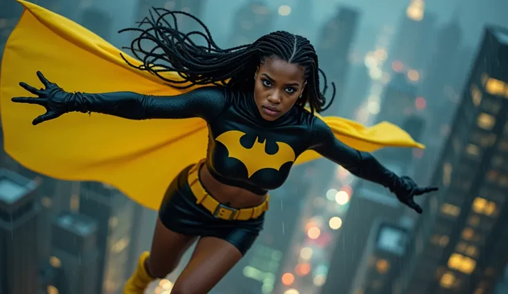 a light-brown skin woman , Her height is 170 cm and weight is 50 kg, Zendaya, She has long, intricately braided black hair styled into thin, uniform braids that fall gracefully over her shoulders. latex black crop top with yellow bat logo, black mini latex...