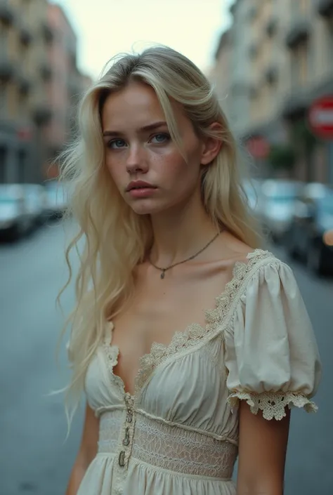 A beautiful blonde girl, , wearing a tattered, worn, white, and old dress, feeling sad, tears glistening on her cheeks, standing on the roadside in a big city, sad expression with tears flowing, highly detailed, emotional, cinematic lighting, masterpiece, ...