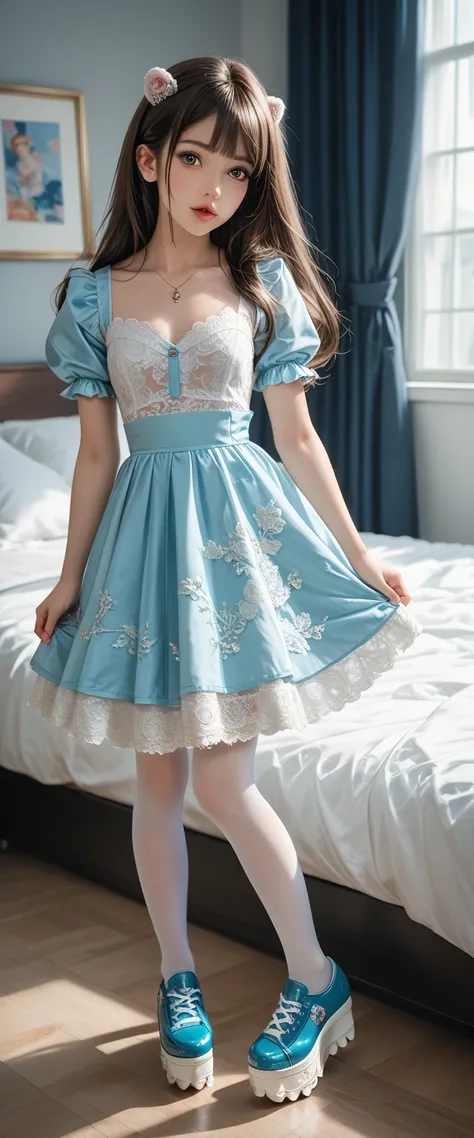 ((Highest quality)), 1 schoolgirl, ((young girl:1.5)), fitted figure , cute beautiful teenage schoolgirl, beautiful cute teen face with big lips , ((High Waisted short transparent  tulle fluffy skater  dress with puffy sleeves)), ((lace on short skater tra...