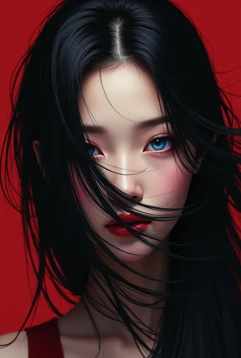  right eye with long black hair over cat red, Korean woman with blue left eye 