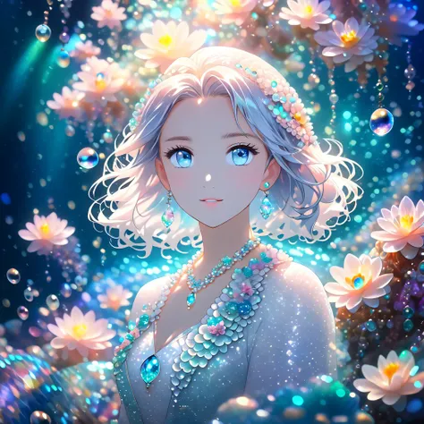 deep sea，Which，bubble，Alexandrite eyes and hair,shell decoration, Gemstone Necklace, shell，Fish scale white dress, , (Dynamic Lighting:1.2), light, Beautiful, Beautiful eyes, Sharp pupils, Boundary depth written, bokeh, Clear focus, (Very detailed, bloom, ...