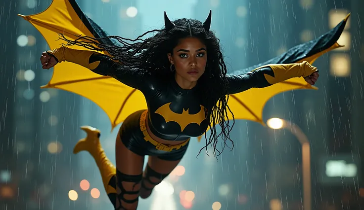 a light-brown skin woman , Her height is 170 cm and weight is 50 kg, Zendaya, She has long, intricately braided black hair styled into thin, uniform braids that fall gracefully over her shoulders. latex black crop top with yellow bat logo, black mini latex...