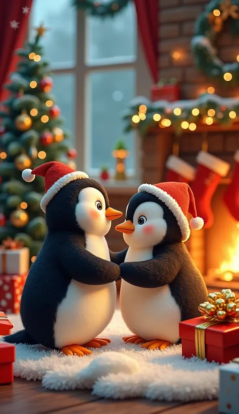 

", a wonderful Christmas scene  ,  with a smile  ,,   embracing cute and happy little animals   (  penguins  )   in front of a bright Christmas tree. Dress up and decorate with colorful ornaments  .  in the background ,   A burning fireplace with hanging...