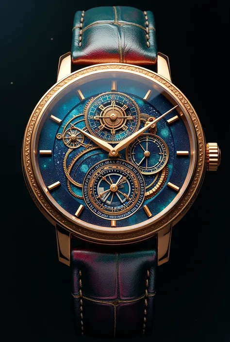 Create an elegant luxury wristwatch with intricate cosmic peacock time machine architecture artistic details. The watch face should feature a vibrant inspired by complex tapestry, with gold-toned hour markers and hands. The dial should have multiple subdia...