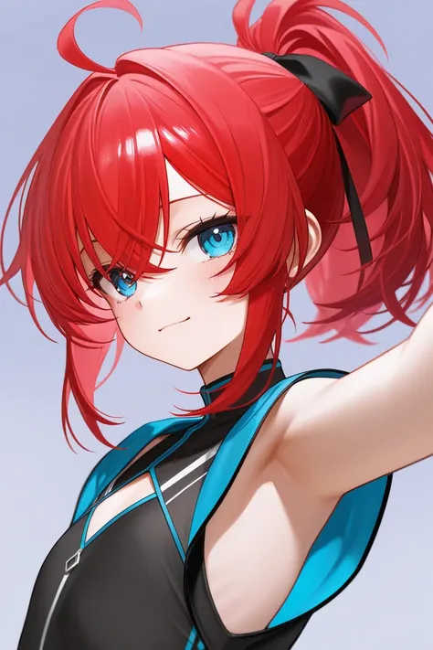  red hair、  girl、 flat chest、 ponytail、、Armpit Peek、