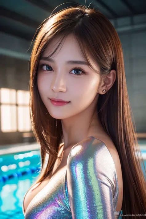 Smile more、Smile more,驚くほど beautiful womanアスリート,  virgin killer sweater coming out of clothes,(Super White Metallic Bright Red Holographic  virgin killer sweater coming out of clothes:1.2), Chic muscular body:1.4,(top-quality、8k、32K、​masterpiece、 NFFS DAW ...