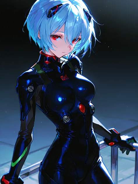  top quality , masterpiece,     748cm style    ,     1 girl,,       Neon Genesis Evangelion 、 Rei Ayanami、   blue hair、   short hair、   red eyes、Black plug suit、 cowboy shot, 